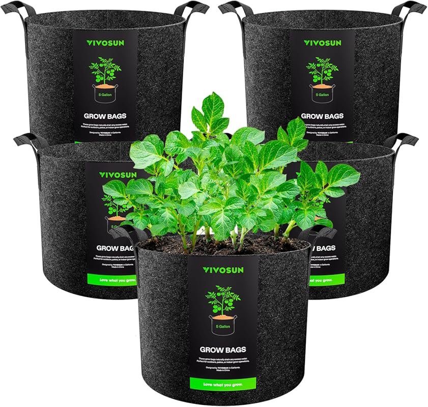 VIVOSUN 5-pack 5-gallon grow bags with thick nonwoven fabric and sturd