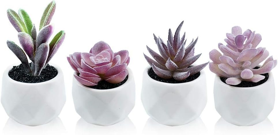 Purple artificial succulents in pots for desk decor, small realistic f