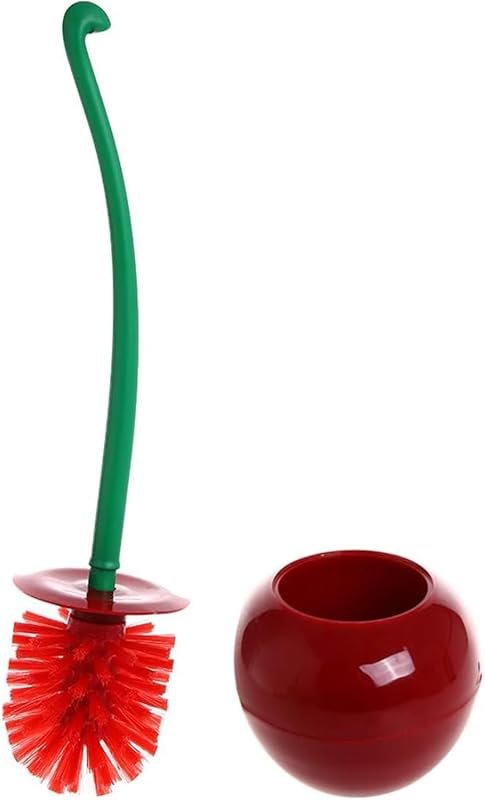 Creative red cherry-shaped toilet brush with long handle, storage base