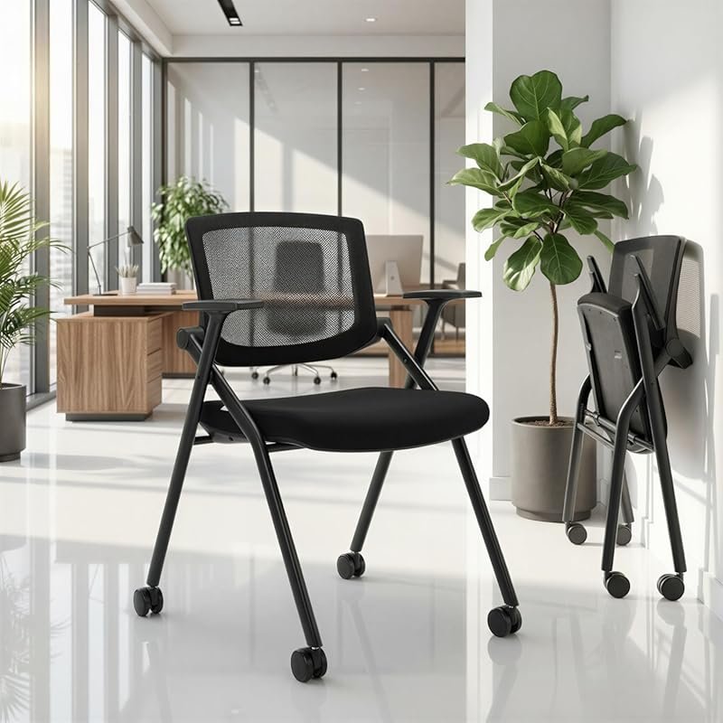 Stackable Folding Conference Chair with Wheels and Padded Mesh for Hom