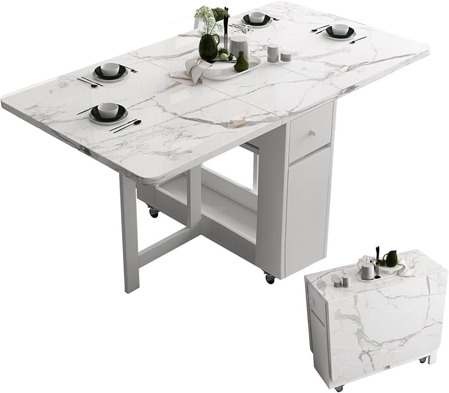 Extendable Foldable Dining Table with Storage Drawers in White for Com