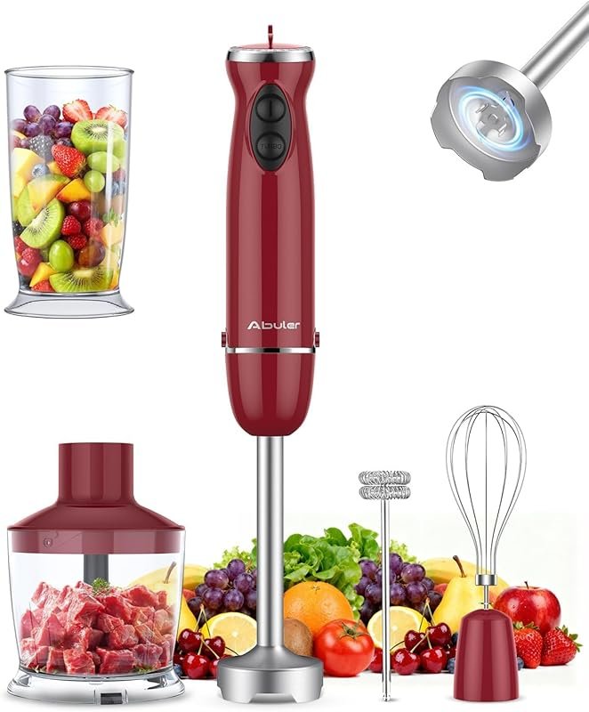 Abuler 1000W 5-in-1 immersion blender with beaker, chopper, whisk, and