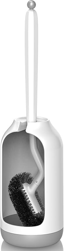 HAMITOR Toilet Bowl Brush Holder Set with Curved Bristles for Deep Und