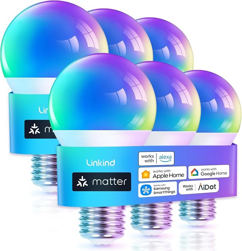 Linkind Matter Smart Bulbs, 6-Pack, Apple HomeKit and Alexa Compatible