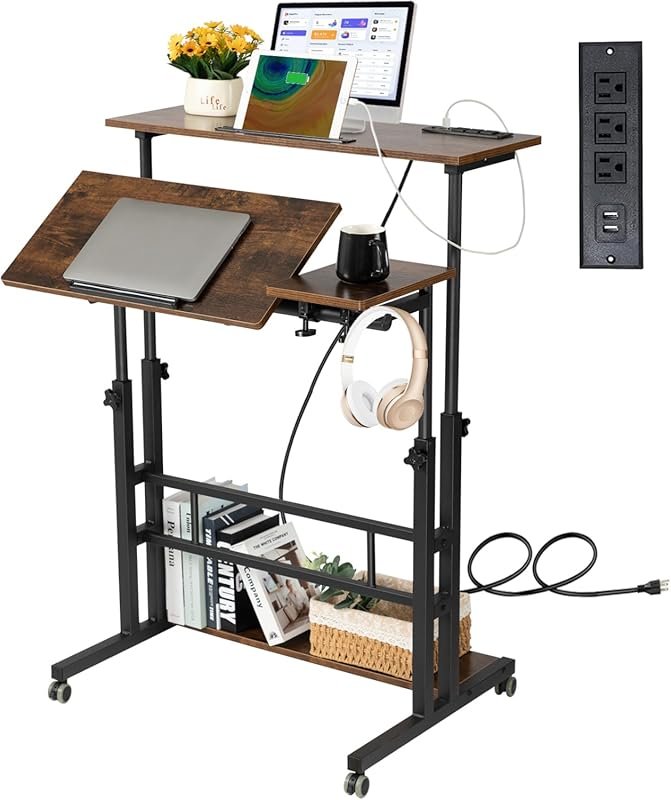 Hadulcet Mobile Standing Desk, Adjustable Height Rolling Desk with Cha