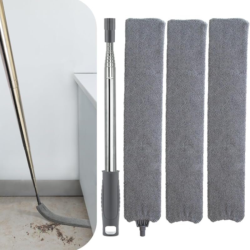 Retractable gap duster with extension pole and microfiber cloths for u