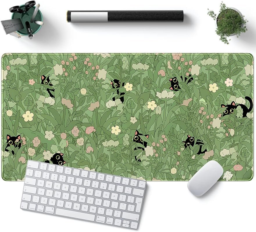 Cute Green Cat Desk Mat with Flowers, 31.5x15.7 Inches, Kawaii Keyboar