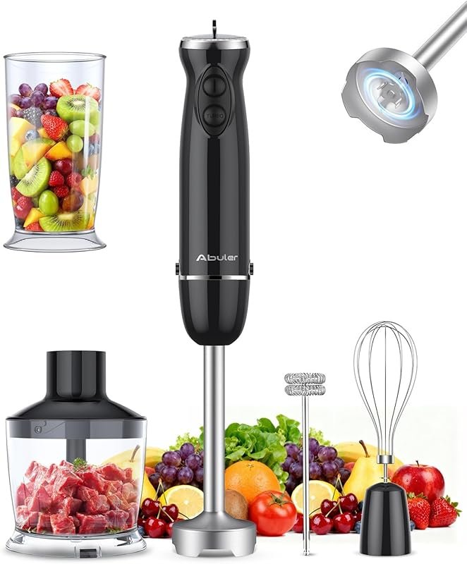 5-in-1 handheld blender with 12 speeds, stainless steel blades, and mi