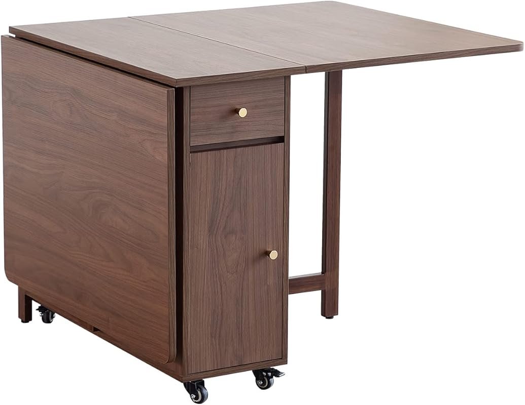 Foldable Dining Table with Drawers and Wheels in Walnut Finish for Sma
