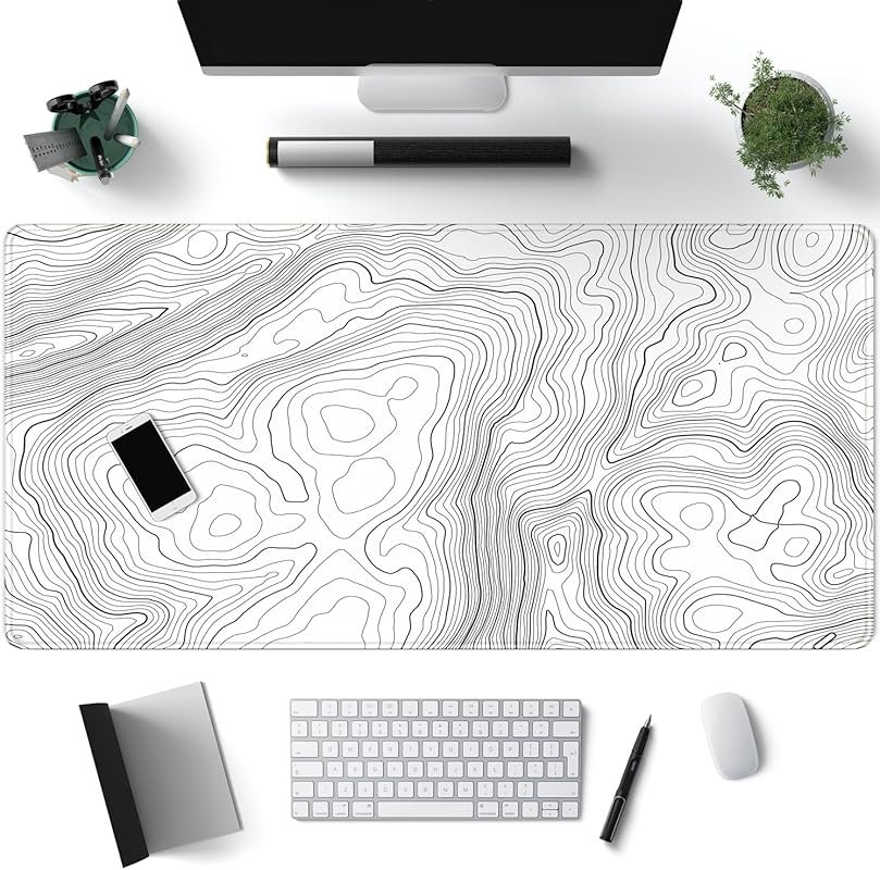 Minimalist White Topographic Map Desk Mat, XL Keyboard and Mouse Pad,