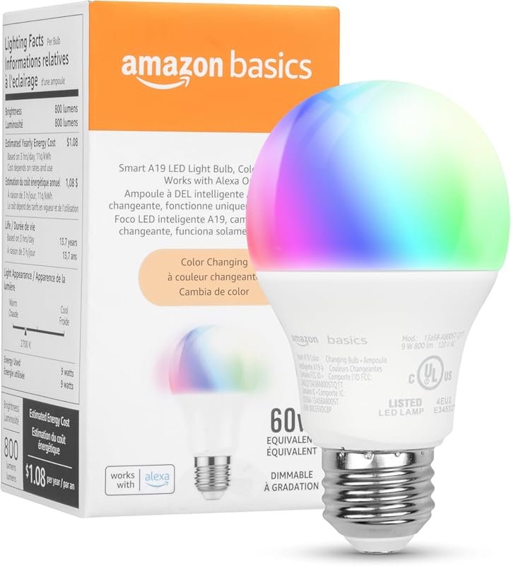 Amazon Basics Smart A19 LED Light Bulb, color changing, works with Ale