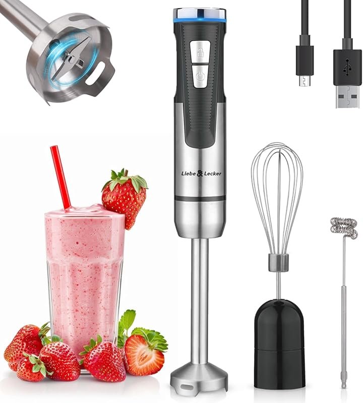 Liebe&Lecker cordless immersion blender with 8 speeds, whisk, and milk