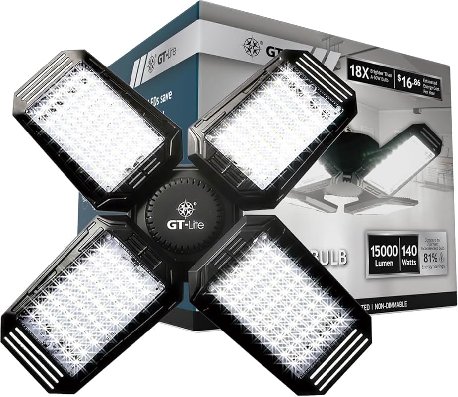 4-panel LED garage bulb, 15,000 lumens, 140W, daylight output, E26 bas
