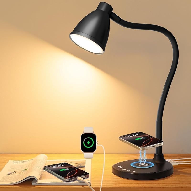 BOHON LED Desk Lamp with Wireless Charger, USB Ports, Stepless Dimming
