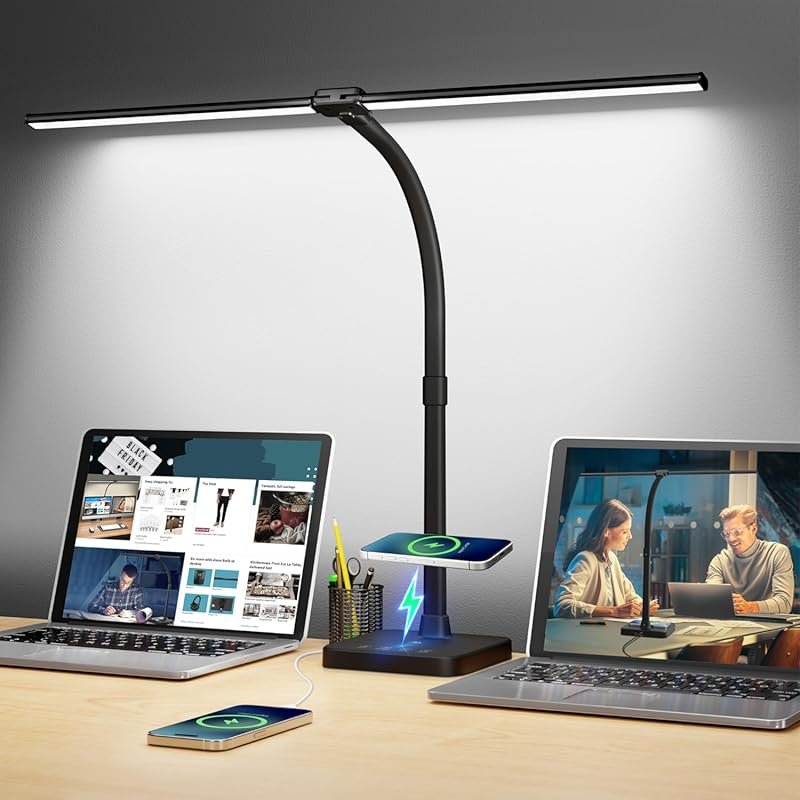 ShineTech LED Desk Lamp with Wireless Charging, USB Port, and 25 Adjus