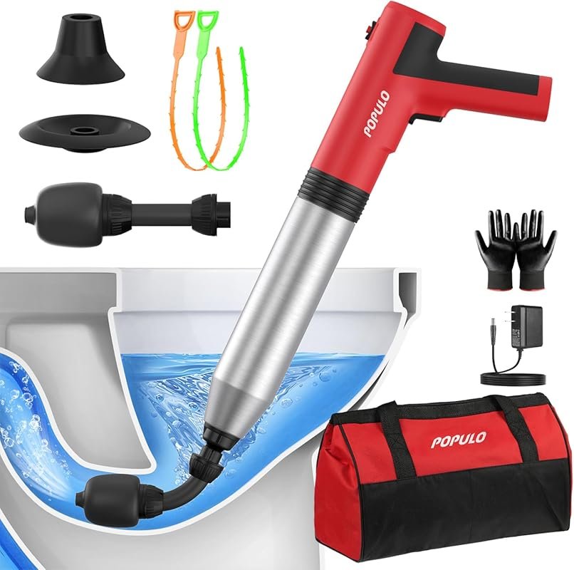 POPULO Swift Electric Toilet Plunger - High Pressure Unclogger for Bat