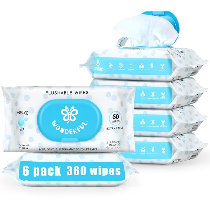 Wonderfully Flushable Plant-Based Wipes, Septic Safe & Gentle for Adul