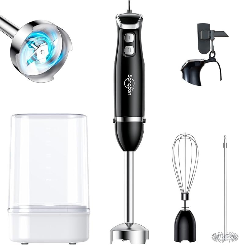 5-in-1 immersion blender with 1000ml cup, adjustable speed, and stainl