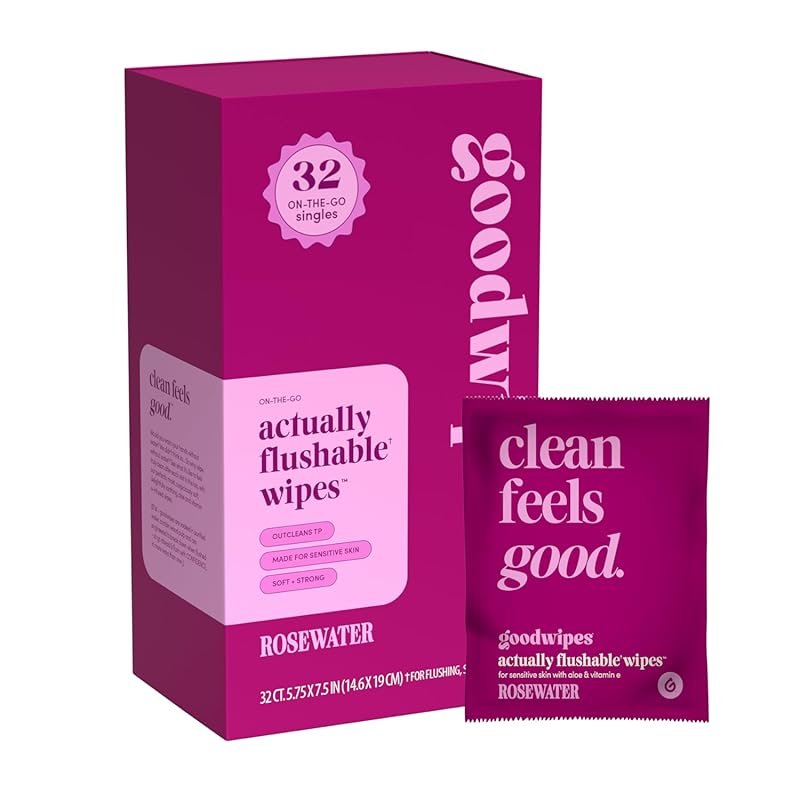 Goodwipes Flushable Wipes – Portable Rosewater Butt Wipes for On-the-G