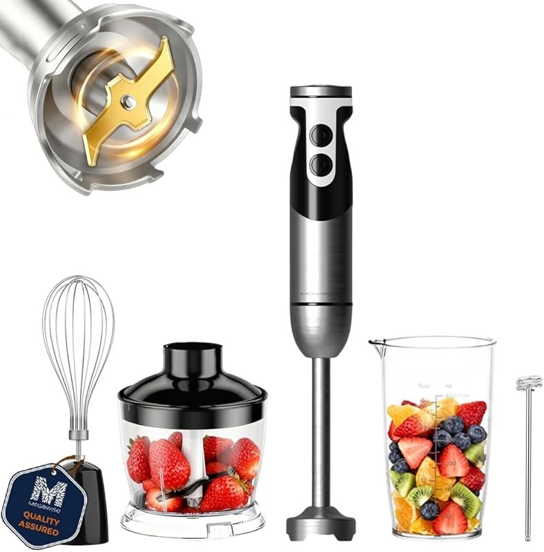 12-speed handheld blender with titanium blades, whisk beaker, and chop