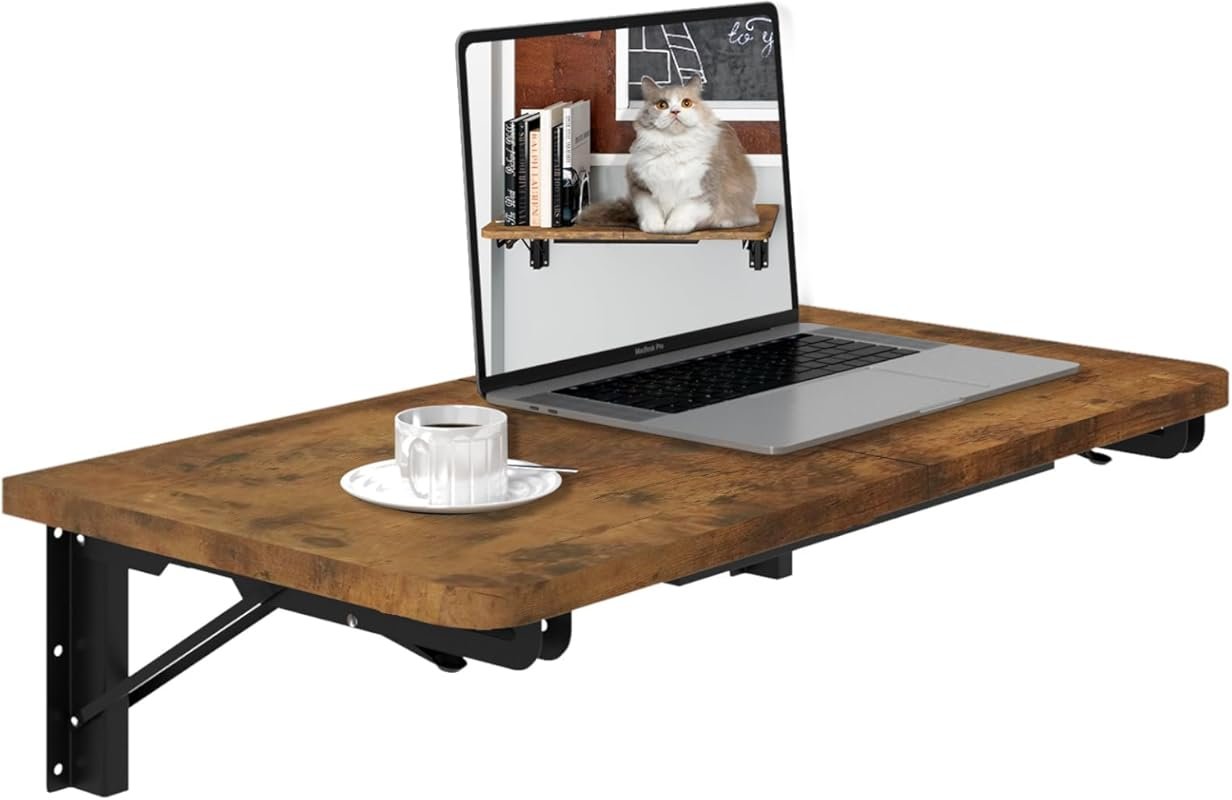 TEAMIX wall-mounted folding table, rustic brown floating desk for smal