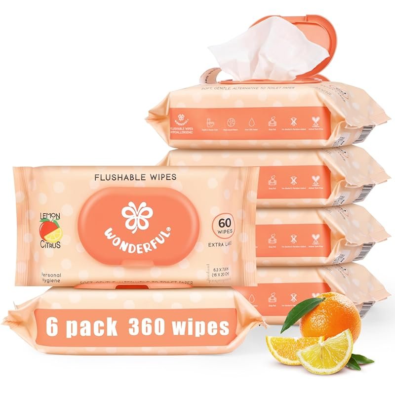 Wonderful Flushable Wipes – Lemon Citrus, Plant-Based, Gentle for Sens