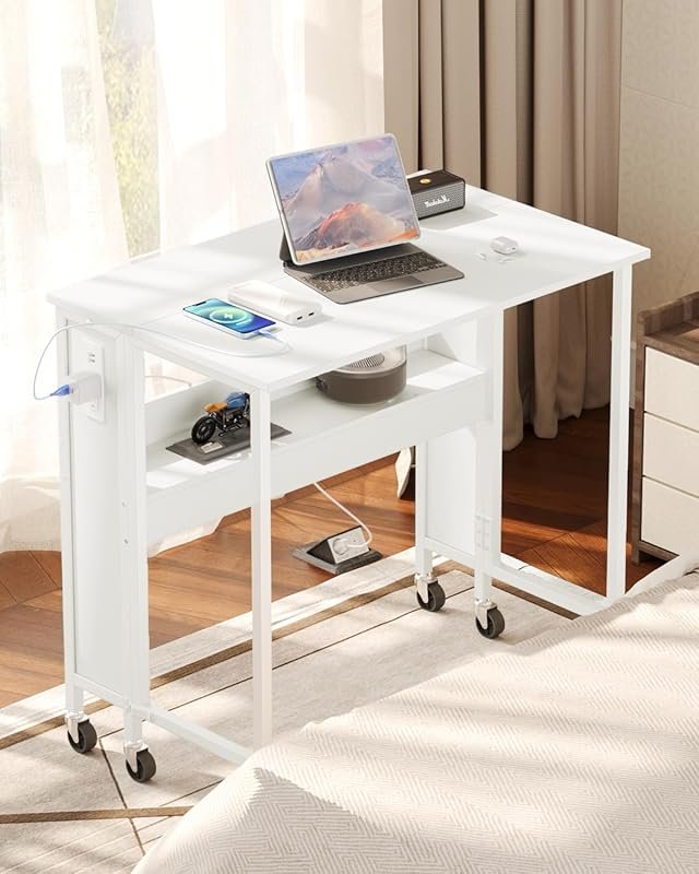 31.5-Inch White Folding Desk with Power Outlets and Wheels – Ideal for