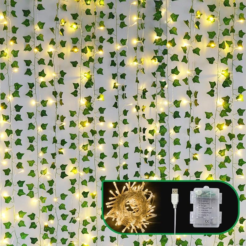 Artificial ivy vines with LED string lights, 12-pack for indoor or out