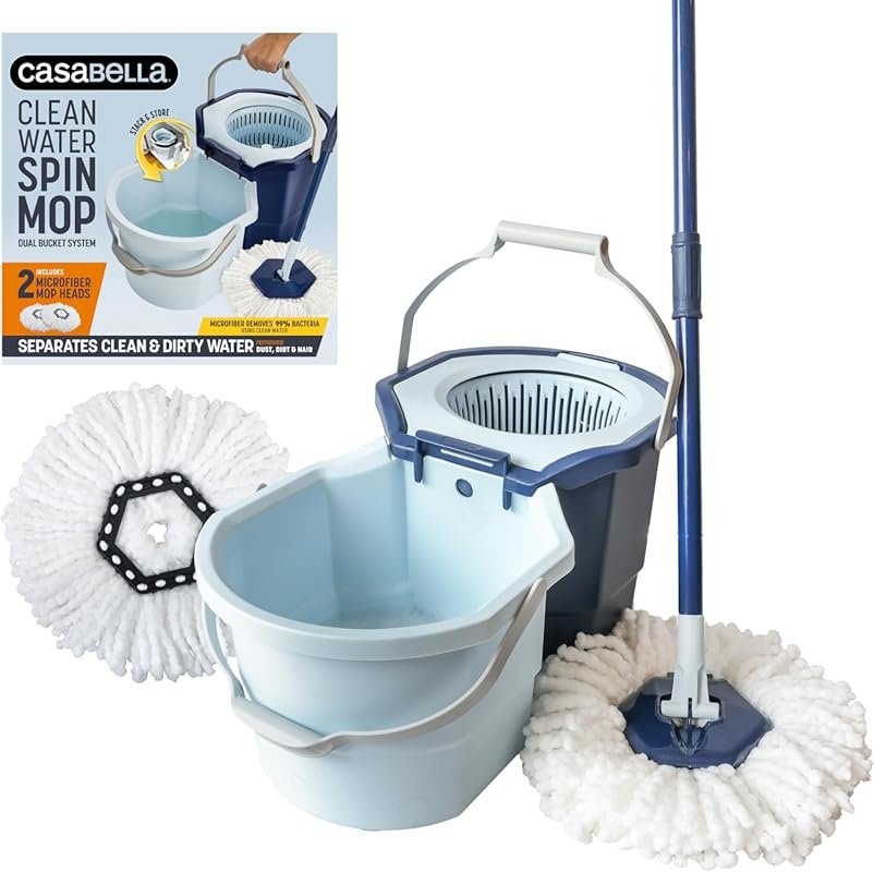 Casabella Spin Mop with splash guard, measuring cup, scraper, and 1.25
