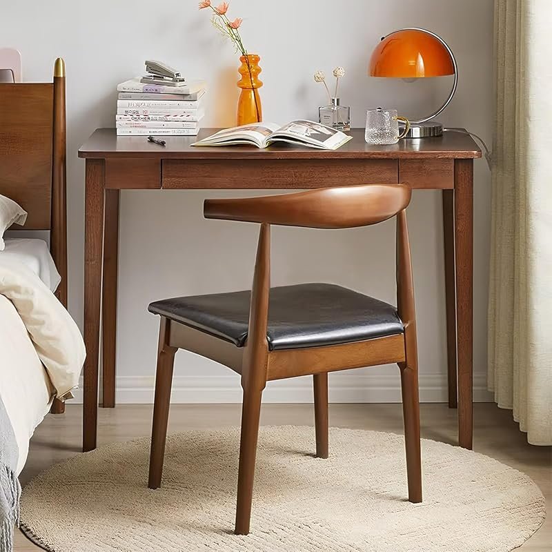 Solid Wood Computer Desk with Drawers, Mid Century Modern Oak Study Ta