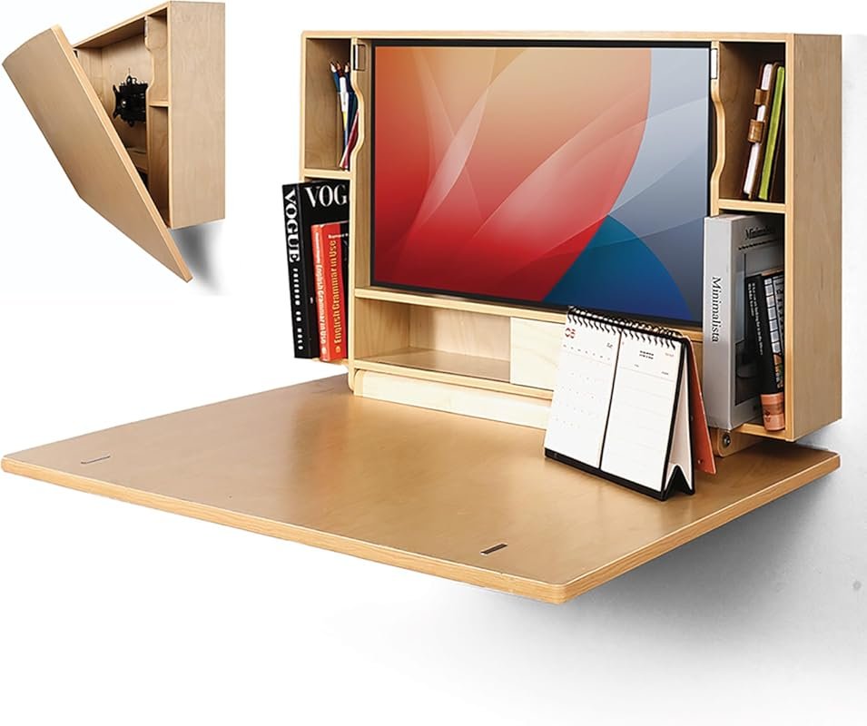 SKEENA floating folding desk with storage, space-saving wall-mounted d