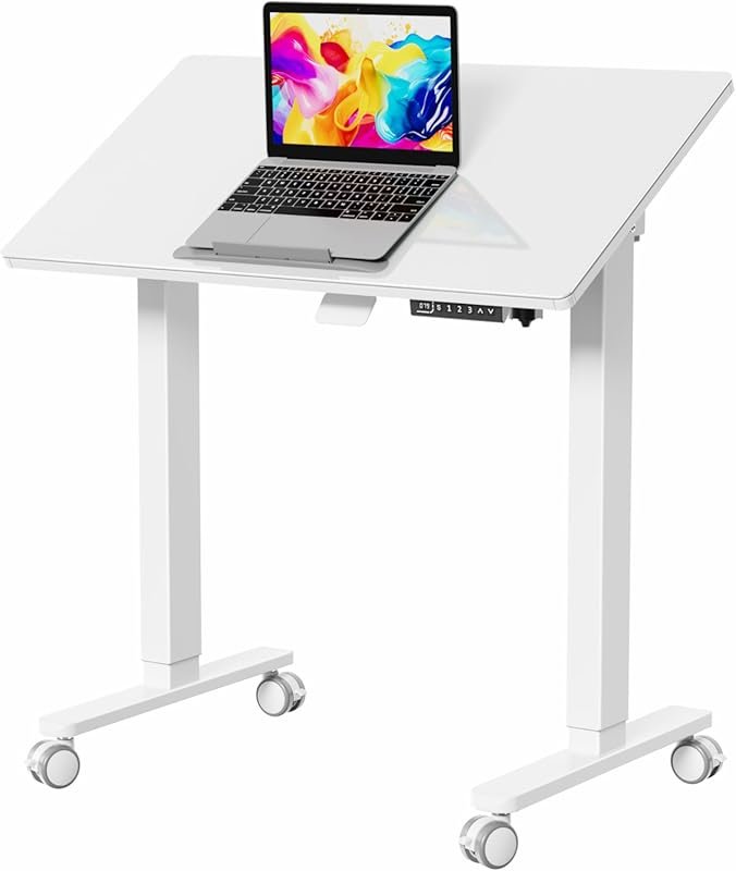 35-Inch Glass Standing Desk – Tiltable Mobile Drafting Table with Whee