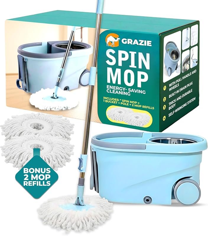 Grazie Spin Mop & Bucket Set with 360° Self-Wringing System and Stainl