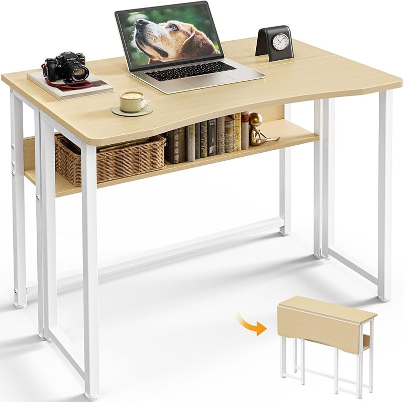 Huuger Folding Desk with Storage Shelf, 31.5 Inch Foldable Computer Ta