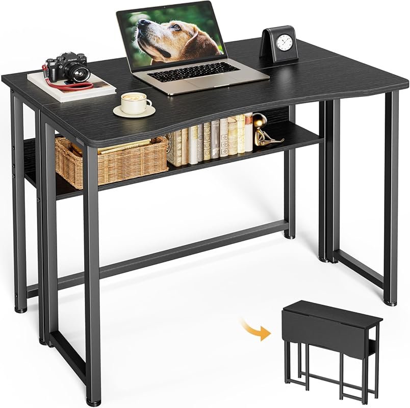 Huuger Folding Desk with Storage Shelf, 31.5 Inch Foldable Computer Ta