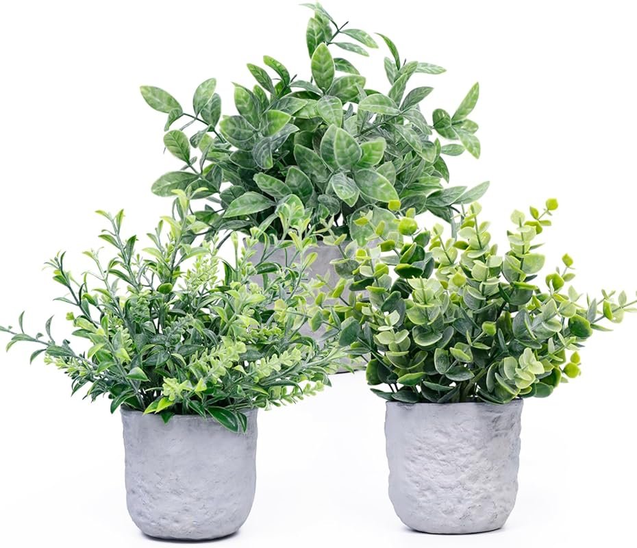 3-pack mini potted fake plants in round grey pots for office desk and 