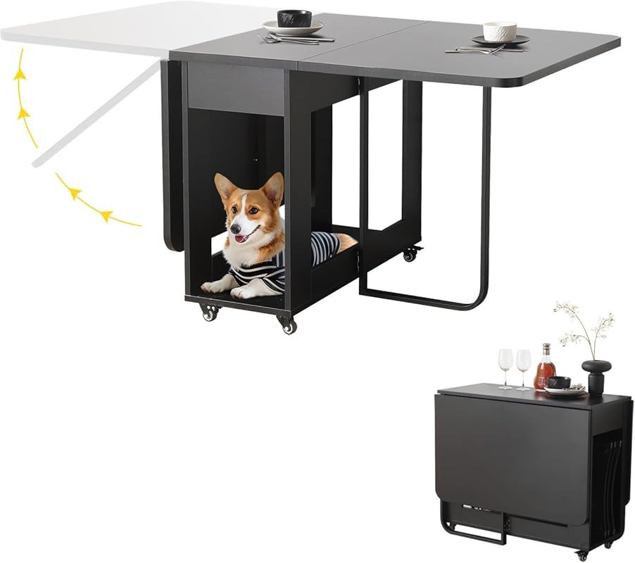 Folding Dining Table with Two Drawers, Lockable Wheels, and Plywood To