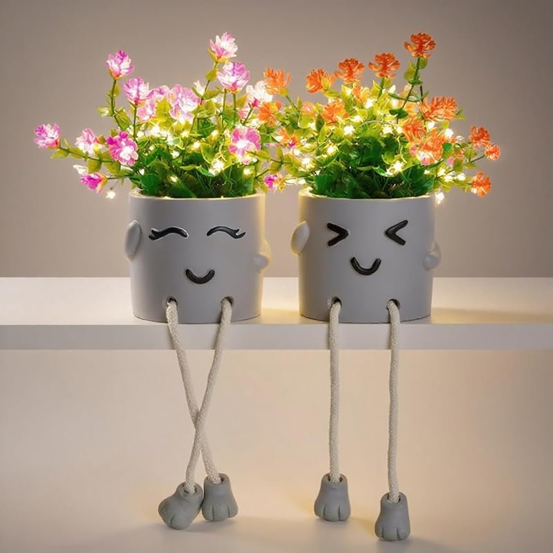Cute fake plants with string lights for desk and bathroom decor, offic