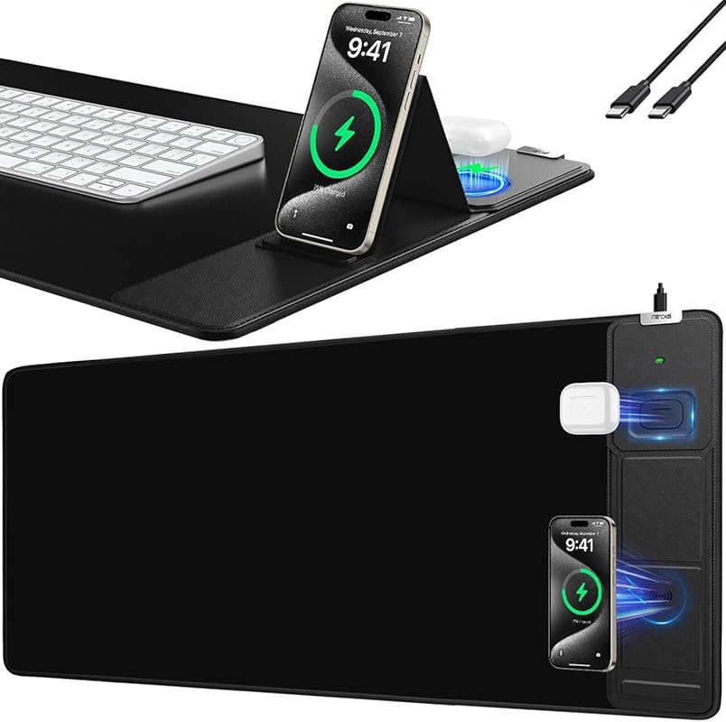 Large Desk Mat with Wireless Charging and Phone Holder, 31.5x15.8 Inch