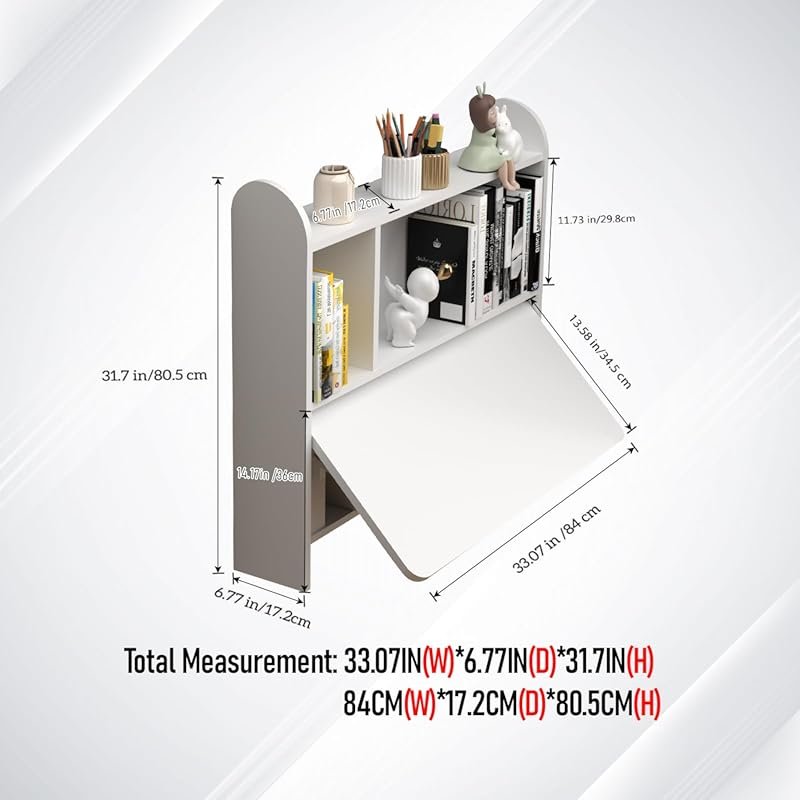 Wall-mounted drop-leaf table, floating laptop desk with shelves, multi