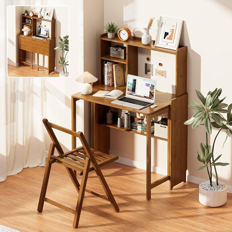 Bamboo Folding Desk with Bookshelf, Compact Computer Desk for Small Sp