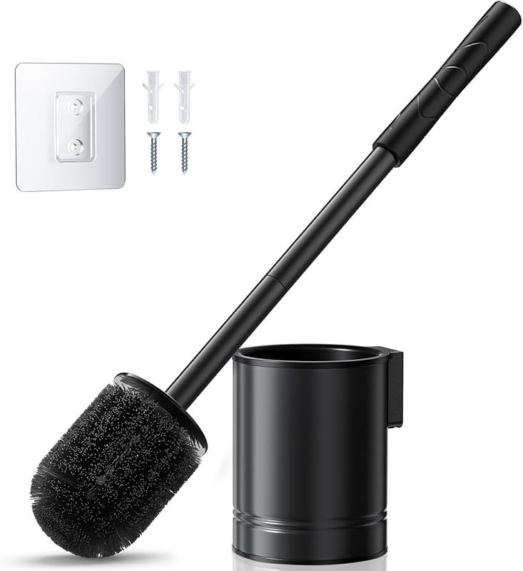 HAMITOR Rustproof Metal Toilet Brush Kit with Hidden Wall-Mounted Hold