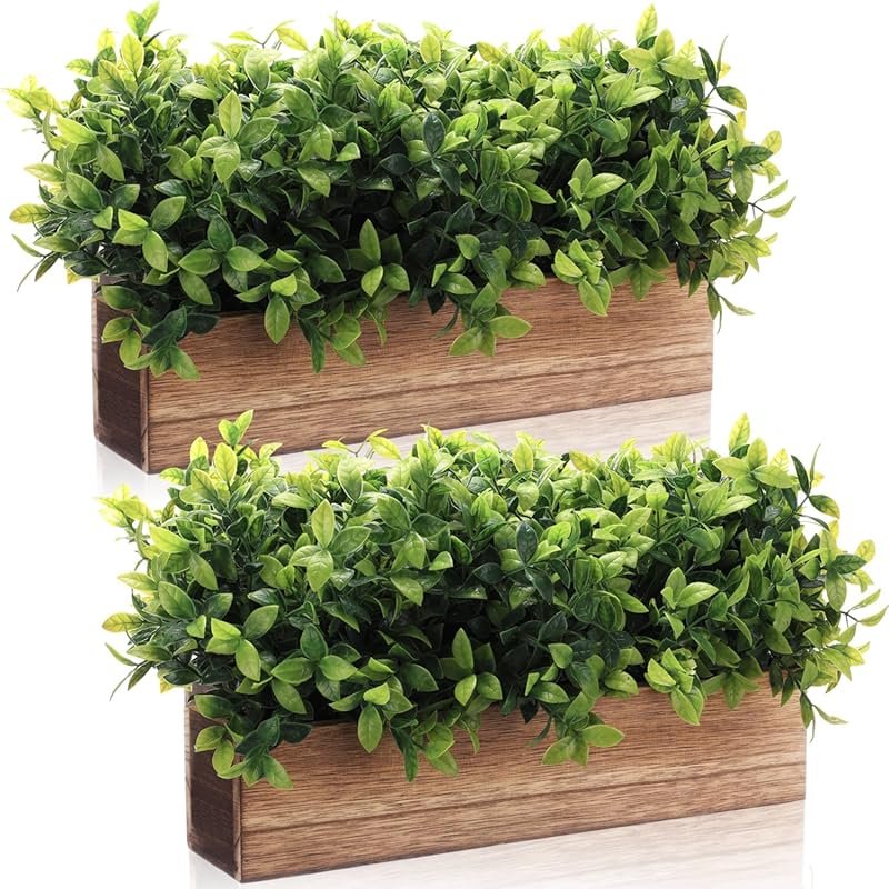 2 Pack Artificial Eucalyptus Plant in Rustic Wooden Planter for Kitche