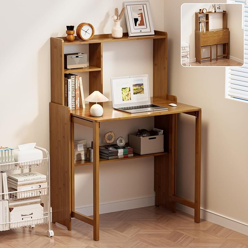 Bamboo Foldable Desk with Storage – Mid-Century Small Desk with Booksh