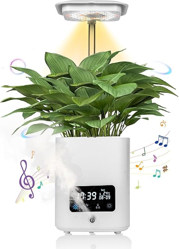 Smart indoor plant pot with LED grow light, Bluetooth speaker, humidif