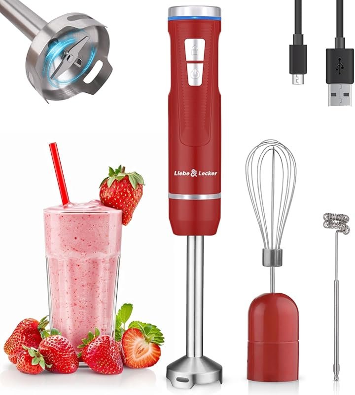 Liebe&Lecker red cordless immersion blenders feature 8 speeds, whisk, 
