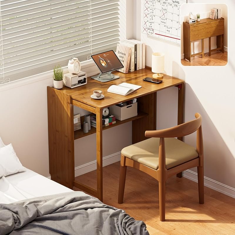 Bamboo Foldable Desk with Bookshelf, Mid Century Small Computer Desk f
