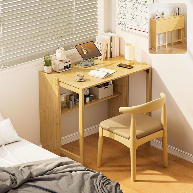 Bamboo Foldable Desk with Bookshelf for Small Spaces