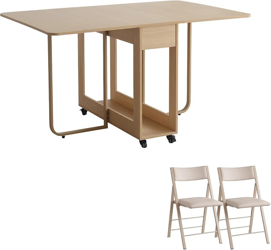 Foldable Dining Table and Chairs Set: Drop Leaf Design with Large Stor