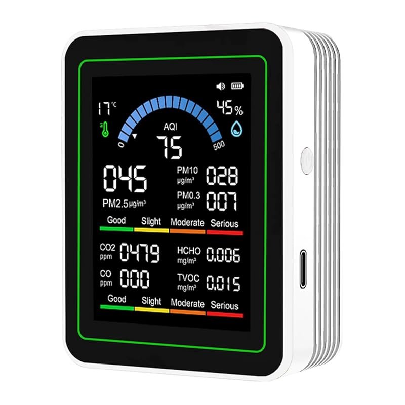 Indoor Air Quality Monitor – 10-in-1 Portable Tester for CO2, VOCs, PM